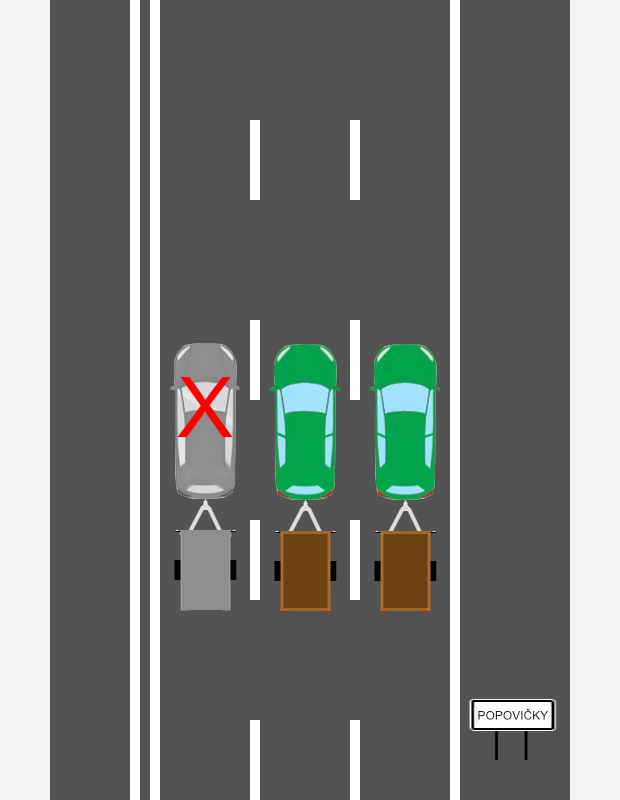 Jízda s přívěsem v obci - 3 pruhy