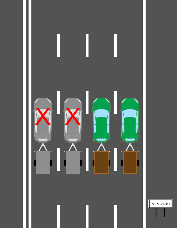 Jízda s přívěsem v obci - 4 pruhy