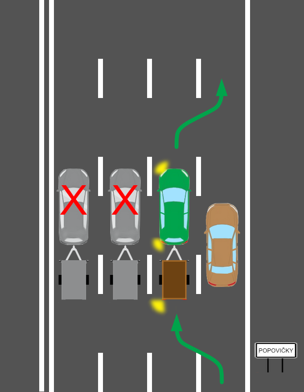 Předjíždění s přívěsem v obci - 4 pruhy