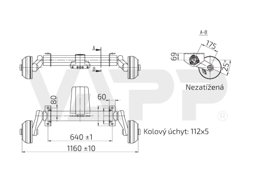 Náprava AL-KO Plus B 1000-3 (1000 kg) a=640 mm, c=1160 mm, 2051, 112x5, drž. oja