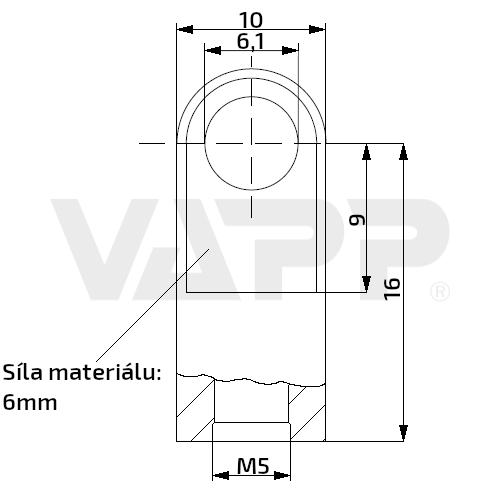 Oko k plynové vzpěře 16x10x6, otvor 6,1mm, pro závit M5
