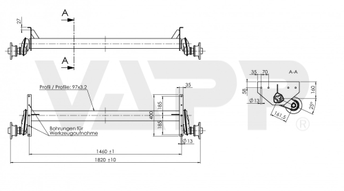 Náprava AL-KO UBR 1200-5 (1300 kg), a=1460 mm, c=1820 mm, 112x5 (Sacher)