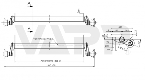 Náprava AL-KO UBR 1200-5 (1300 kg) a=1255mm, c=1640mm, 112x5, (Maro)