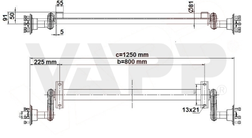 Náprava KNOTT G 13 (1300 kg) b= 800 mm, c=1250 mm, 100x4, patky 50