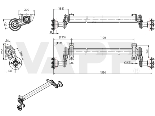Náprava KNOTT VG 13 (750 kg) b=1100 mm, c=1550 mm, 100x4, pätky 65