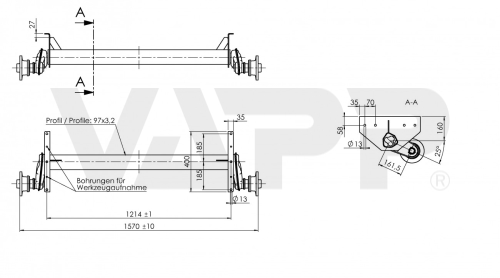 Náprava AL-KO UBR 1200-5 (1300 kg), a=1214 mm, c=1570 mm, 112x5 (Sacher)