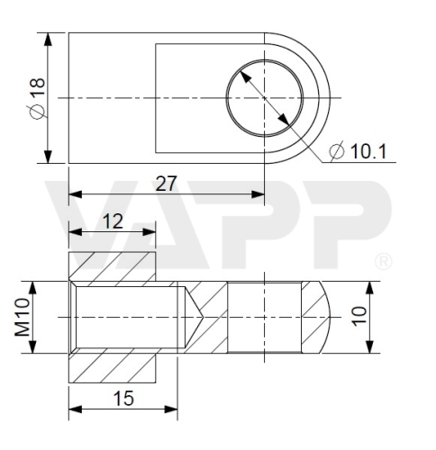 Oko k plynovej vzpere BM, pr. 10,1 mm, c=27 mm, na závit M10, oceľ