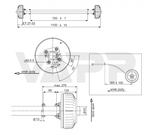 Náprava AL-KO Starr Plus BS (1500 kg) a=700 mm, c=1150 mm, 2051Ab, 112x5