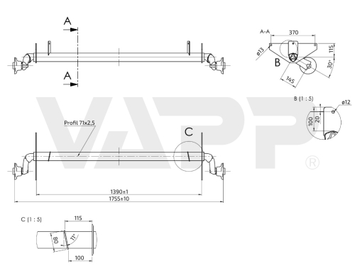 Náprava AL-KO UBR 700-5 (750 kg) a=1390 mm, c=1755 mm, 100x4, pätky 115, úchyty oja