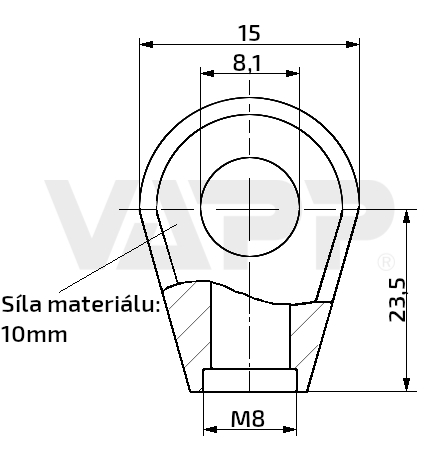 Oko k plynové vzpěře 23,5x15x10, otvor 8,1mm, pro závit M8