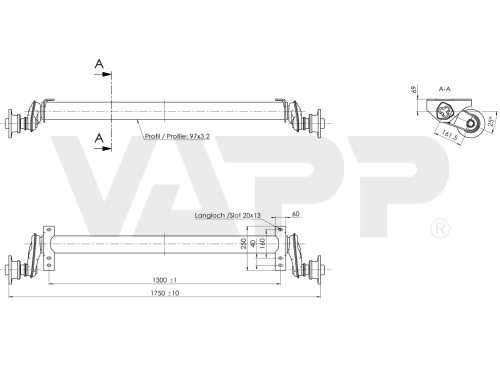 Náprava AL-KO UBR 1200-5 (1300 kg) a = 1300 mm, c = 1750 mm, 100x4, pätky 69