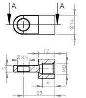 Oko k plynovej vzpere BM, pr. 8,5mm, c=23mm, na závit M8, oceľ (2)