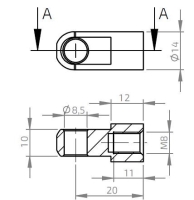 Oko k plynovej vzpere BM, pr. 8,5mm, c=20mm, na závit M8, oceľ (1)
