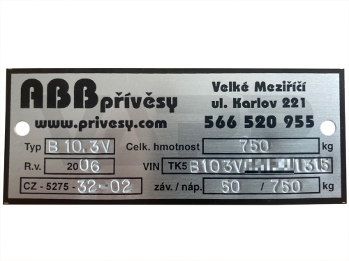 Originální výrobní štítek na přívěsy ABB přívěsy