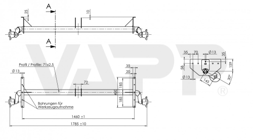 Náprava AL-KO UBR 700-5 (750 kg) a=1460 mm, c=1785 mm, 100x4, (Sacher)
